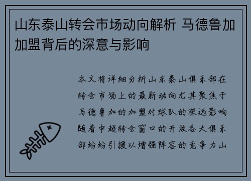 山东泰山转会市场动向解析 马德鲁加加盟背后的深意与影响