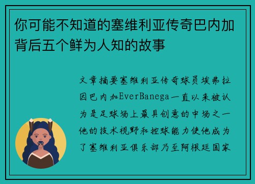 你可能不知道的塞维利亚传奇巴内加背后五个鲜为人知的故事