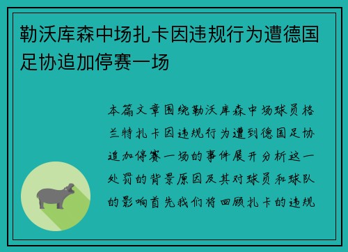 勒沃库森中场扎卡因违规行为遭德国足协追加停赛一场