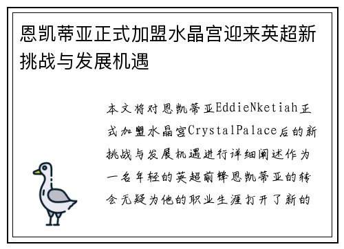 恩凯蒂亚正式加盟水晶宫迎来英超新挑战与发展机遇
