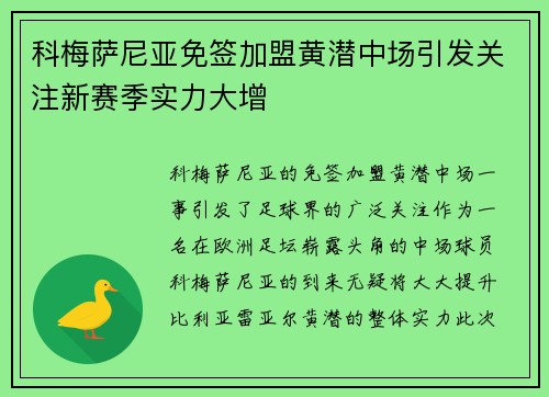 科梅萨尼亚免签加盟黄潜中场引发关注新赛季实力大增
